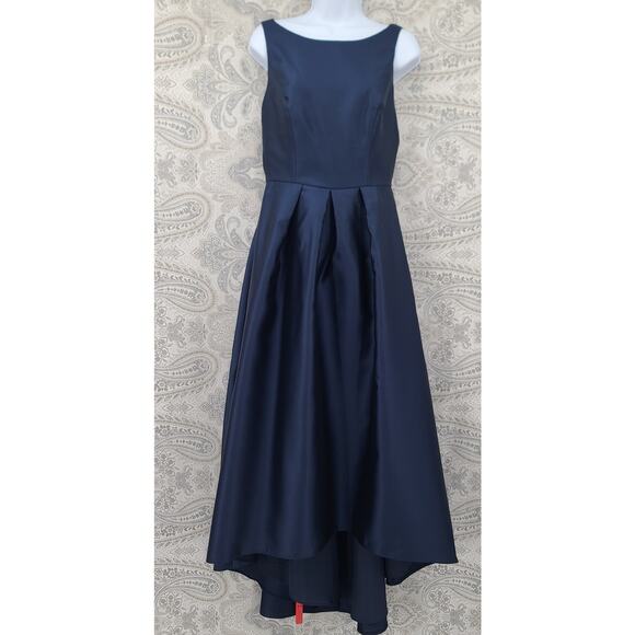 Alfred Sung D706 midnight blue hi-low satinl open back dress Size 6 Wedding - Picture 2 of 15